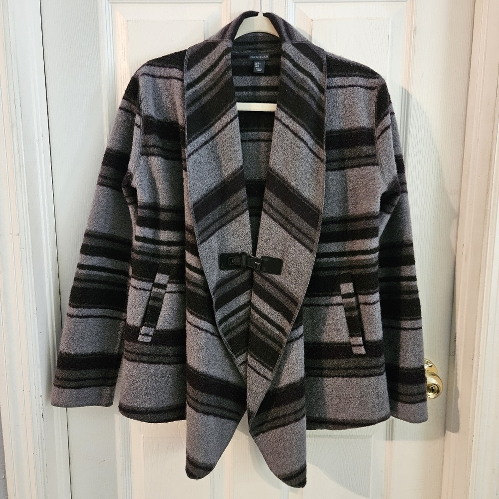 Paraphrase Womens Wool Blend Cardigan Blanket Stripe Jacket Gray & Black Medium